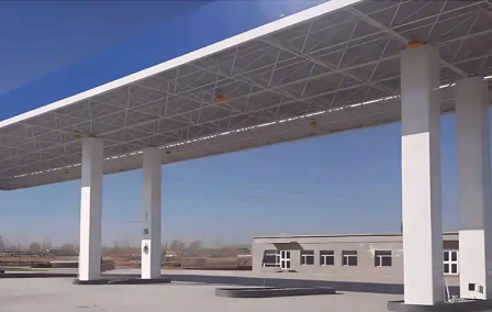 钢结构加油站罩棚_螺栓球网架_挑檐_形象柱！